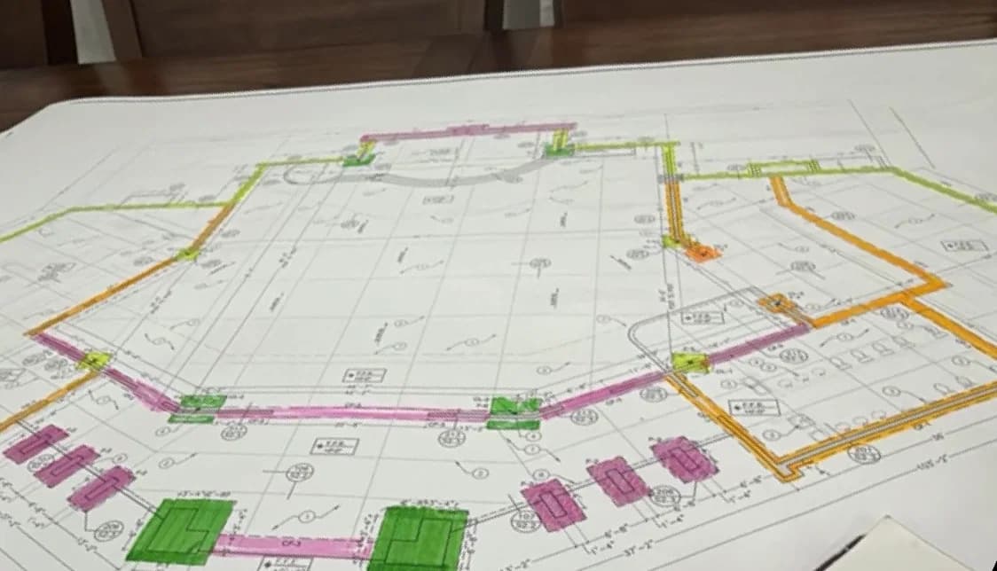 Marked-up foundation and slab plans for a Raycrete project